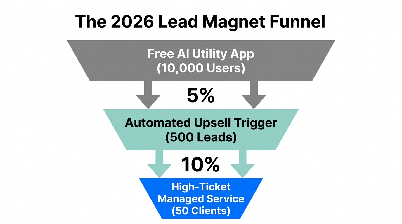 A funnel showing the transition from free utility users to high-ticket service clients.