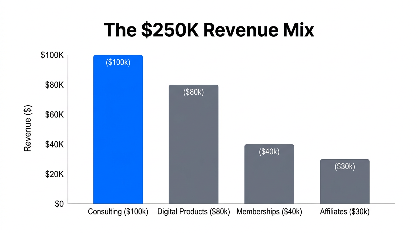 Revenue diversification strategy for reaching a $250K annual target.
