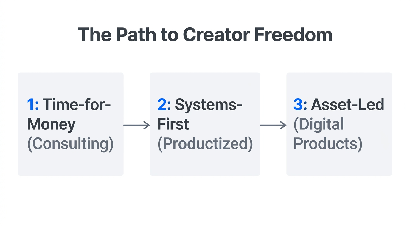 The three-step evolution from active consulting to passive asset-led growth.