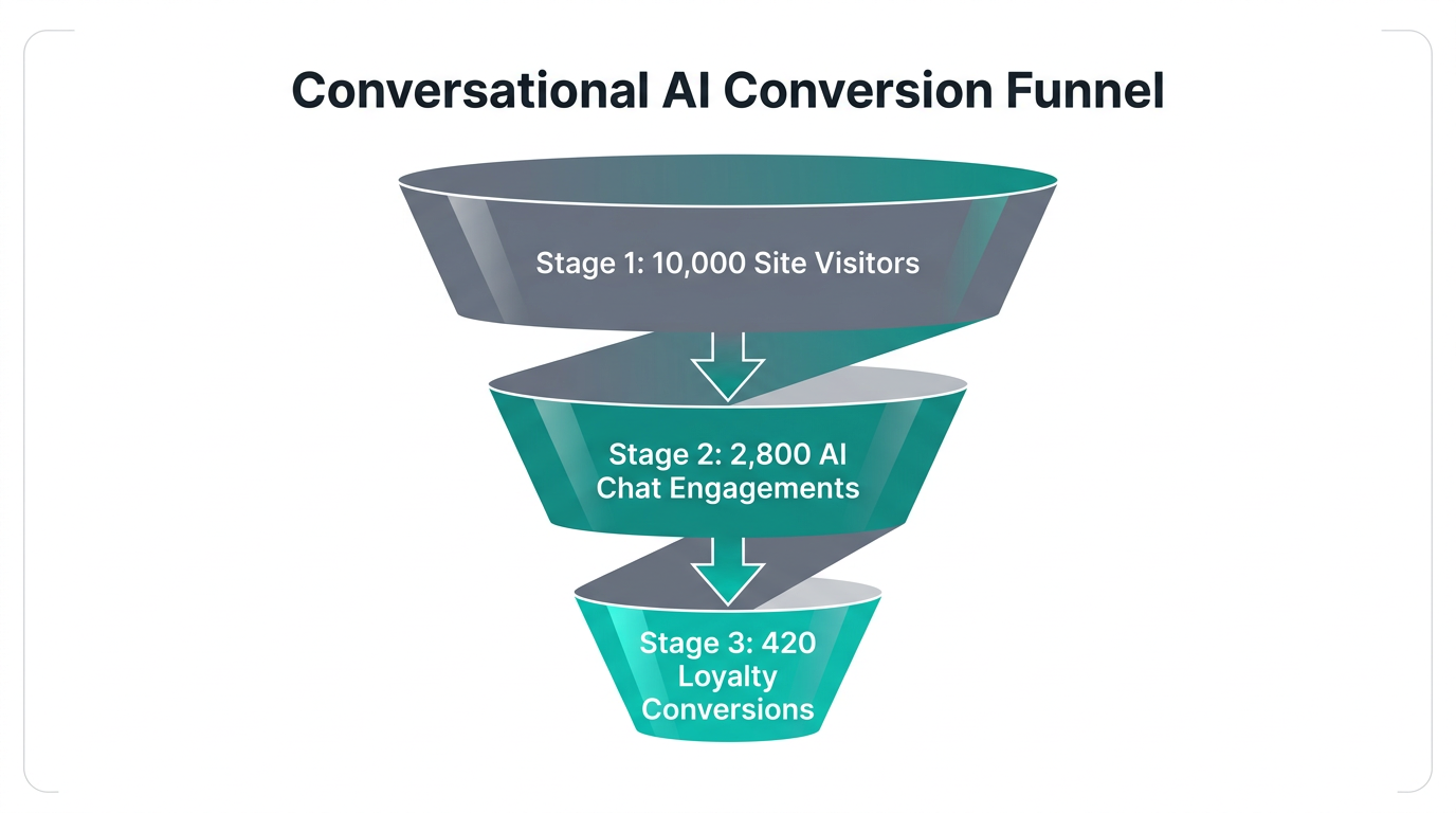 Conversion funnel showing user progression from visit to loyalty conversion via AI.