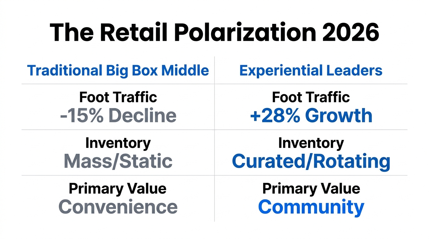 Comparison of declining big-box metrics versus growing experiential retail models.