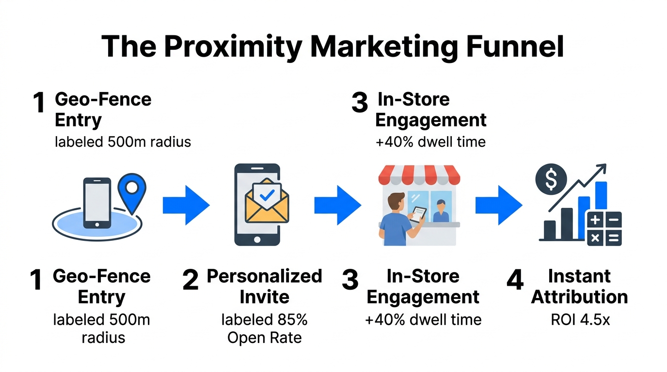 Step-by-step funnel showing the ROI of proximity-based marketing triggers.