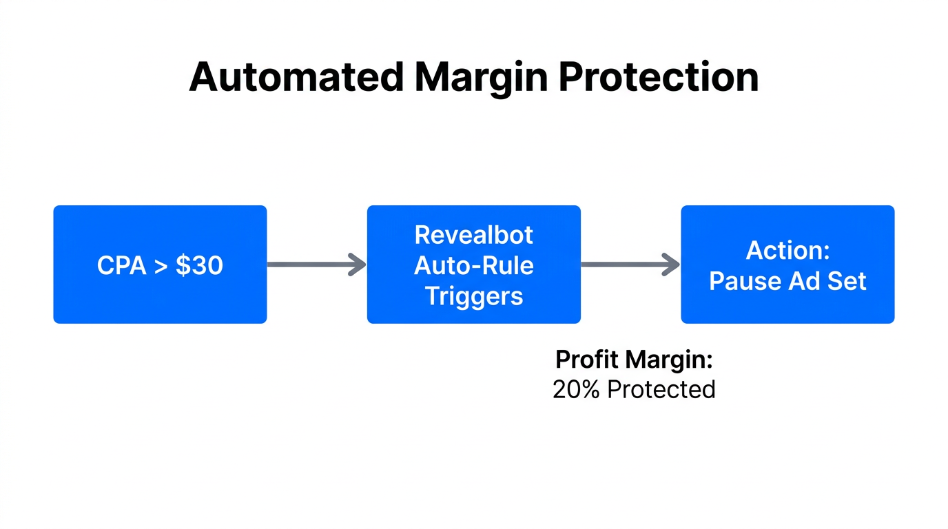 Workflow showing Revealbot's automated rules protecting e-commerce profit margins.