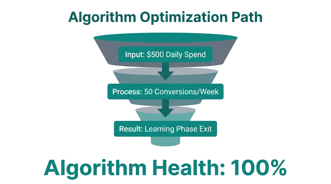 Funnel showing the required data points to exit the Facebook learning phase.
