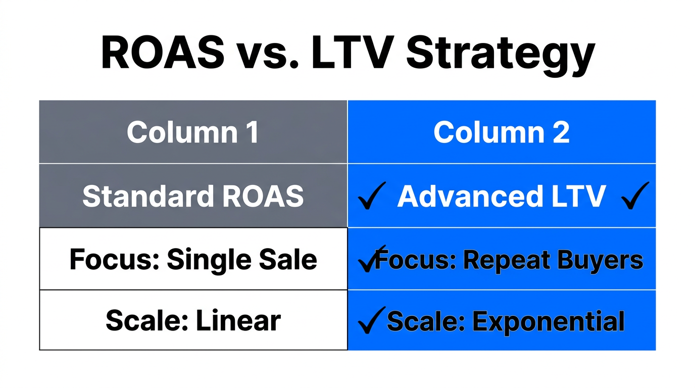 Strategic comparison between standard ROAS and advanced LTV optimization.