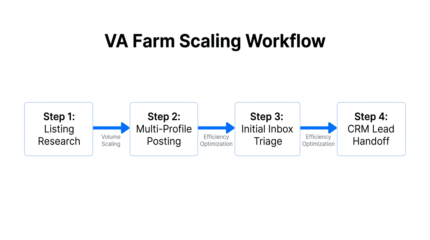 Workflow diagram for scaling marketplace operations using virtual assistant teams.