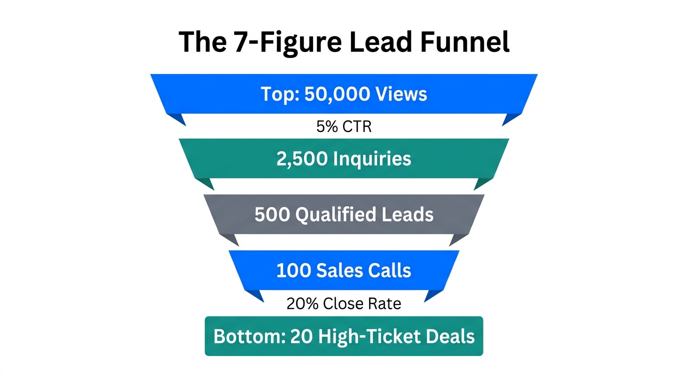 A high-ticket sales funnel showing conversion metrics from marketplace views.