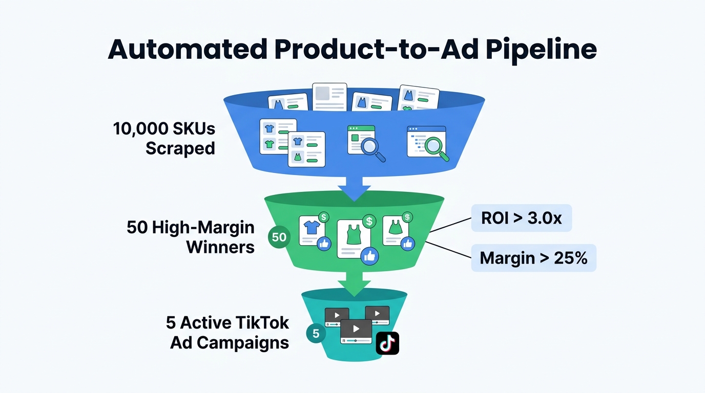 The automated pipeline from product discovery to live advertising.