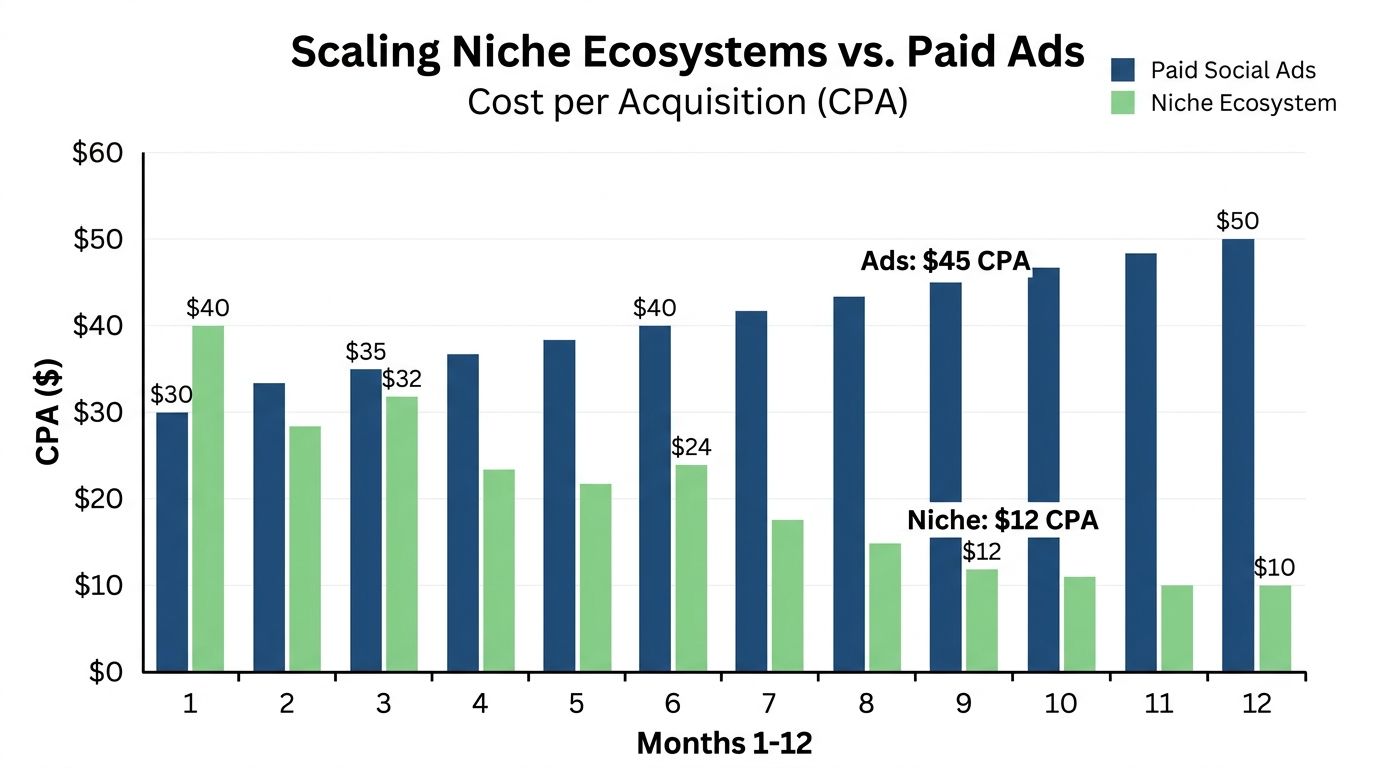 Scaling cost efficiencies of niche ecosystems compared to traditional paid ads.