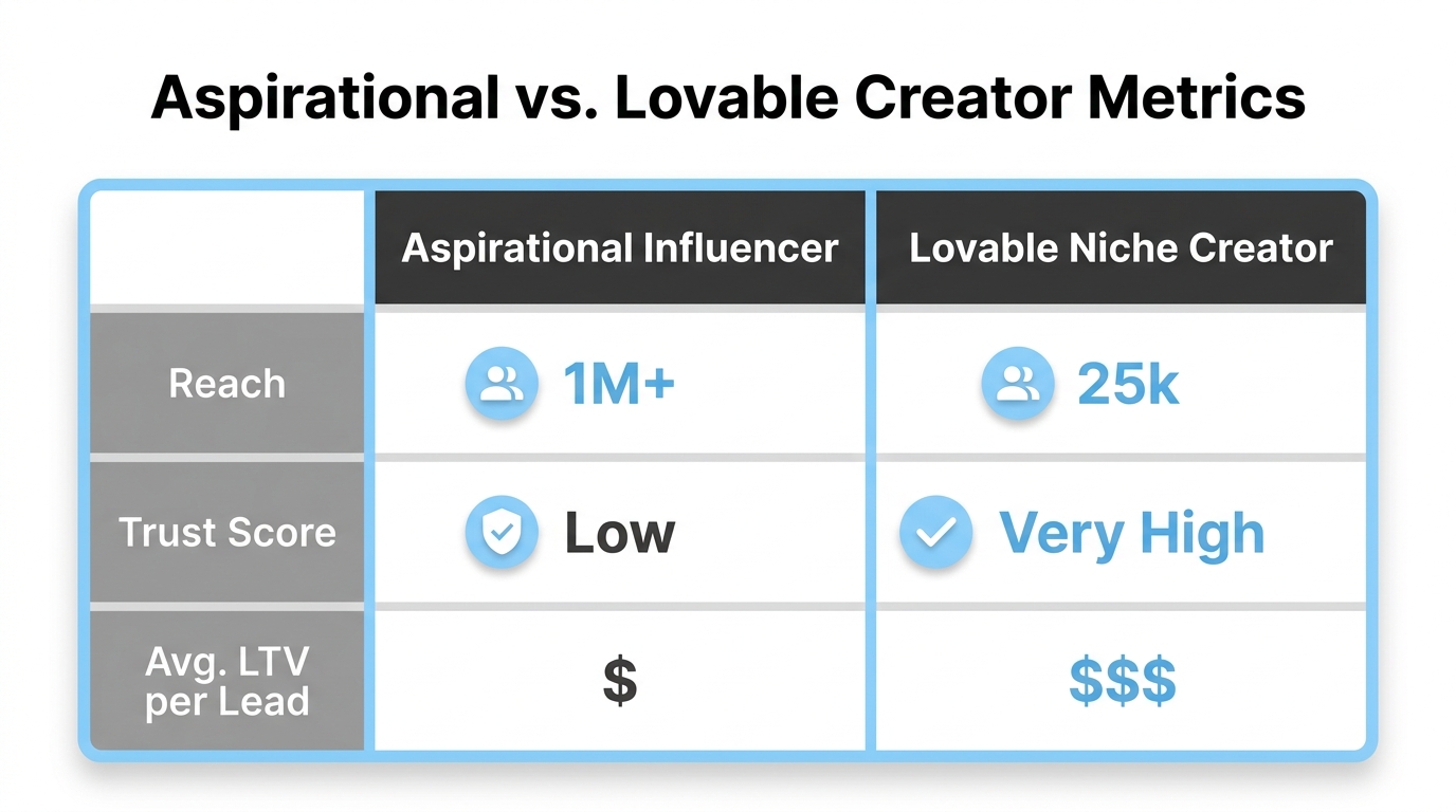 Key metric differences between broad aspirational reach and niche lovable creators.