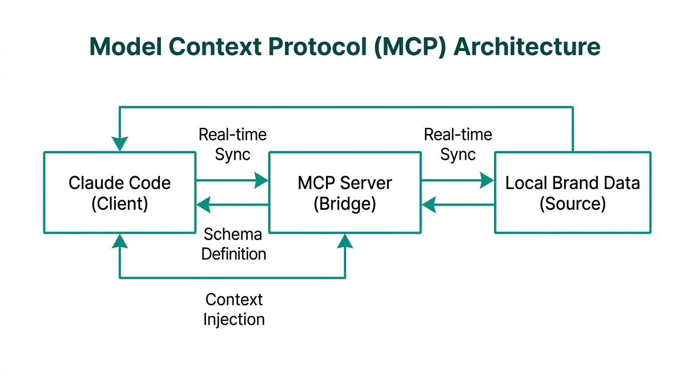 Technical architecture showing how Claude Code communicates with local brand databases via MCP.