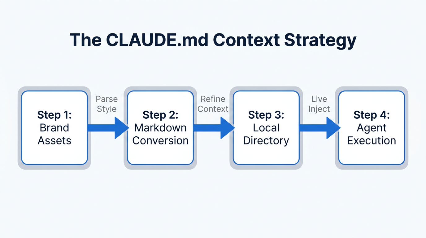 Step-by-step workflow for transforming brand assets into Claude-compatible context files.