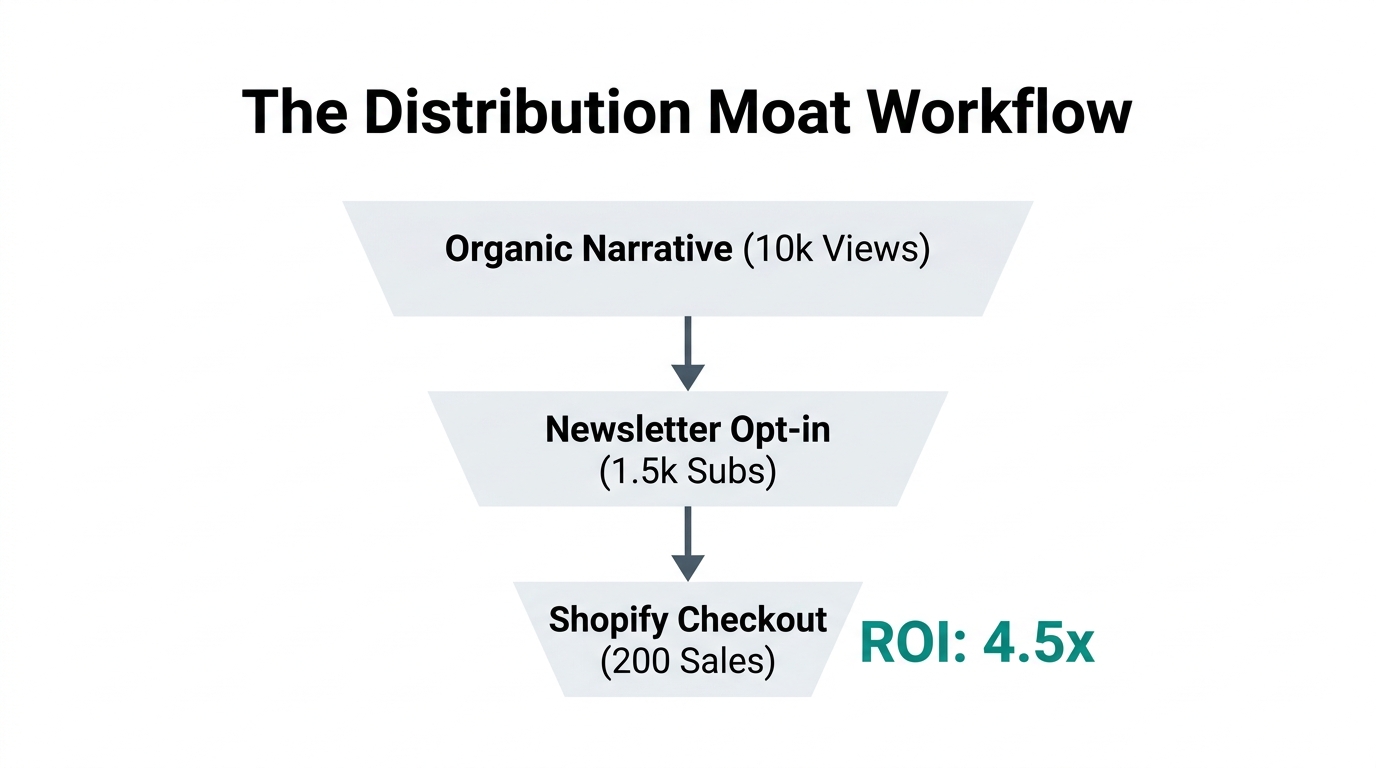 The distribution funnel from organic storytelling to Shopify conversions.