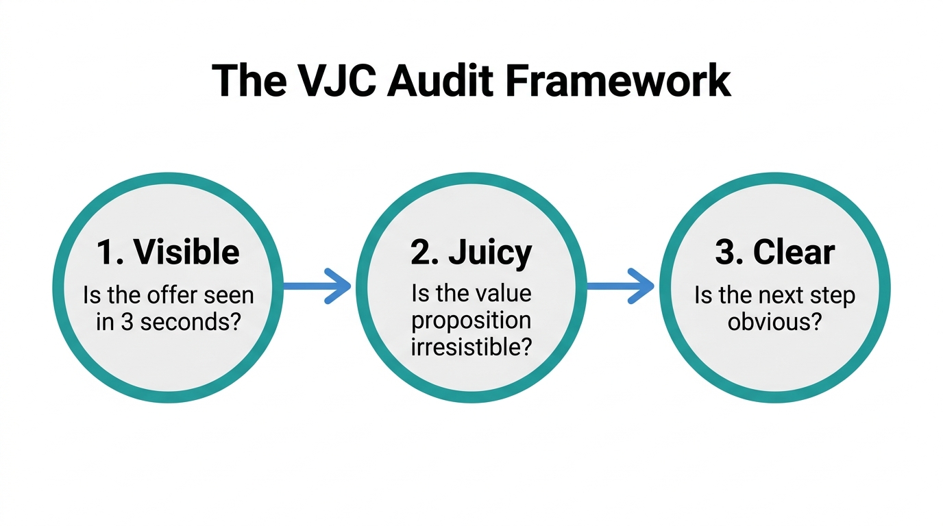 The three-step VJC framework for evaluating landing page conversion potential.