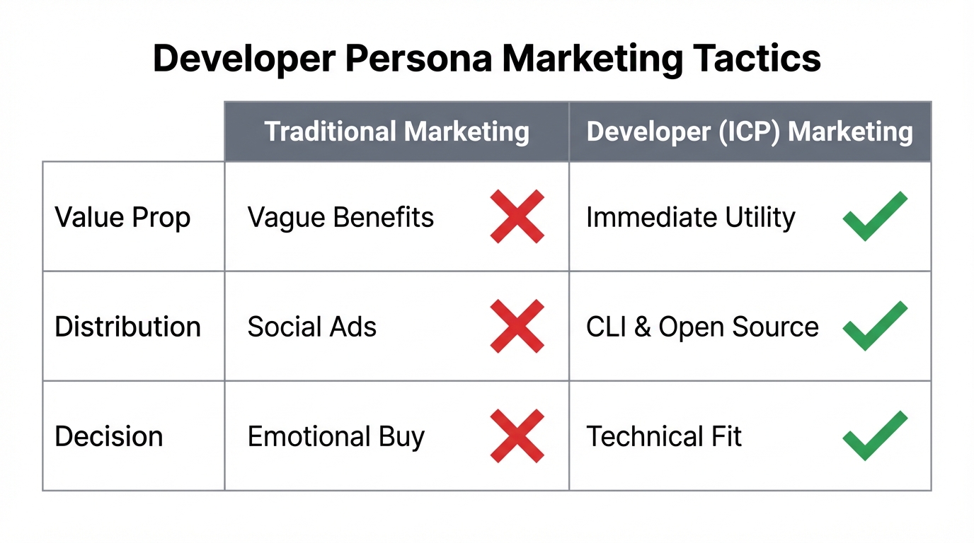 A comparison of traditional marketing vs. developer-focused GTM strategies.