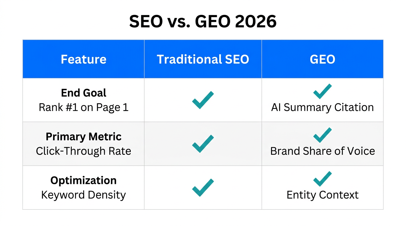 Key differences between traditional search optimization and generative engine optimization.