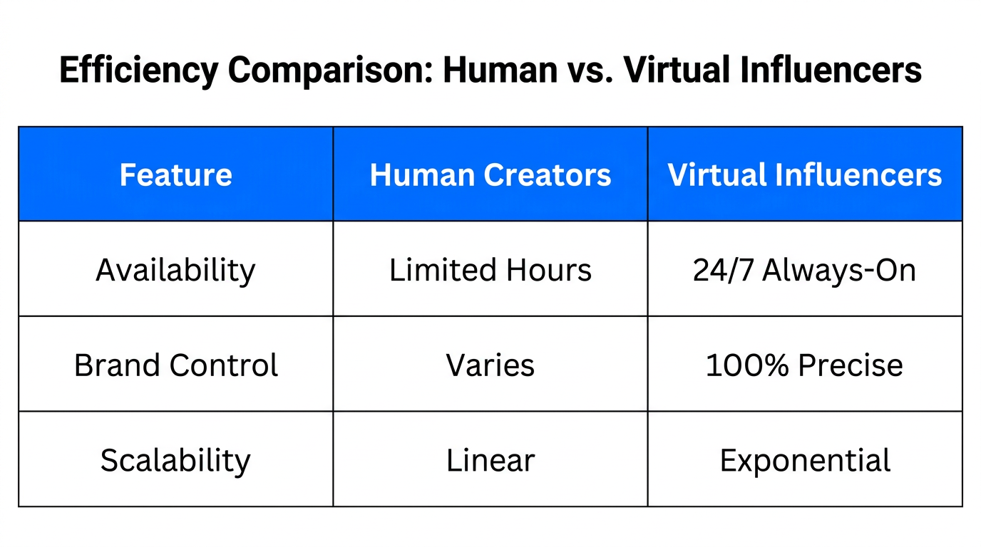 Comparison of operational efficiency between human and virtual influencers.