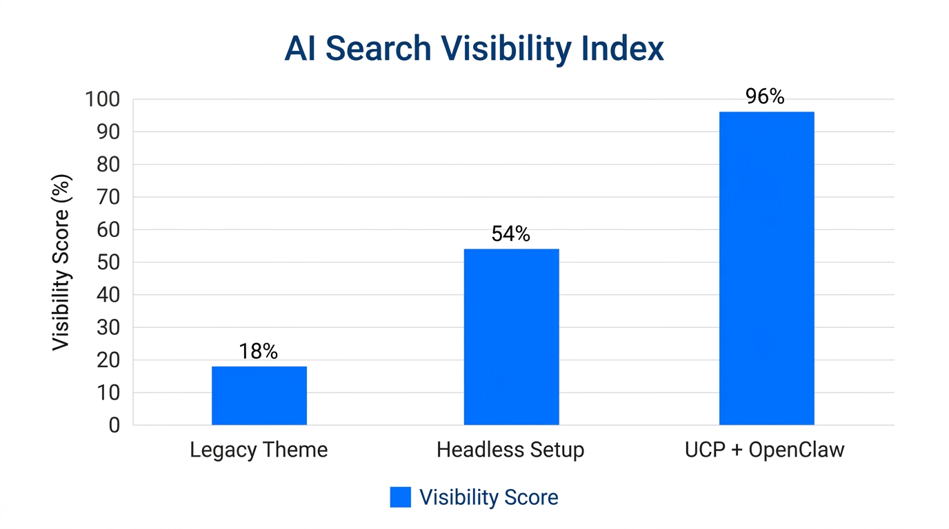Visibility score comparison between standard Shopify and UCP-integrated stores.