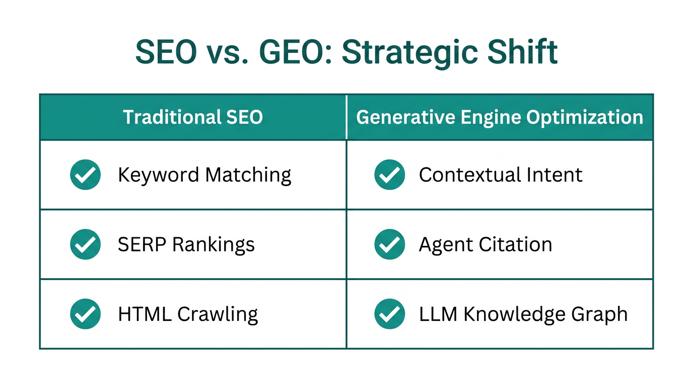 Key differences between traditional search optimization and generative engine optimization.