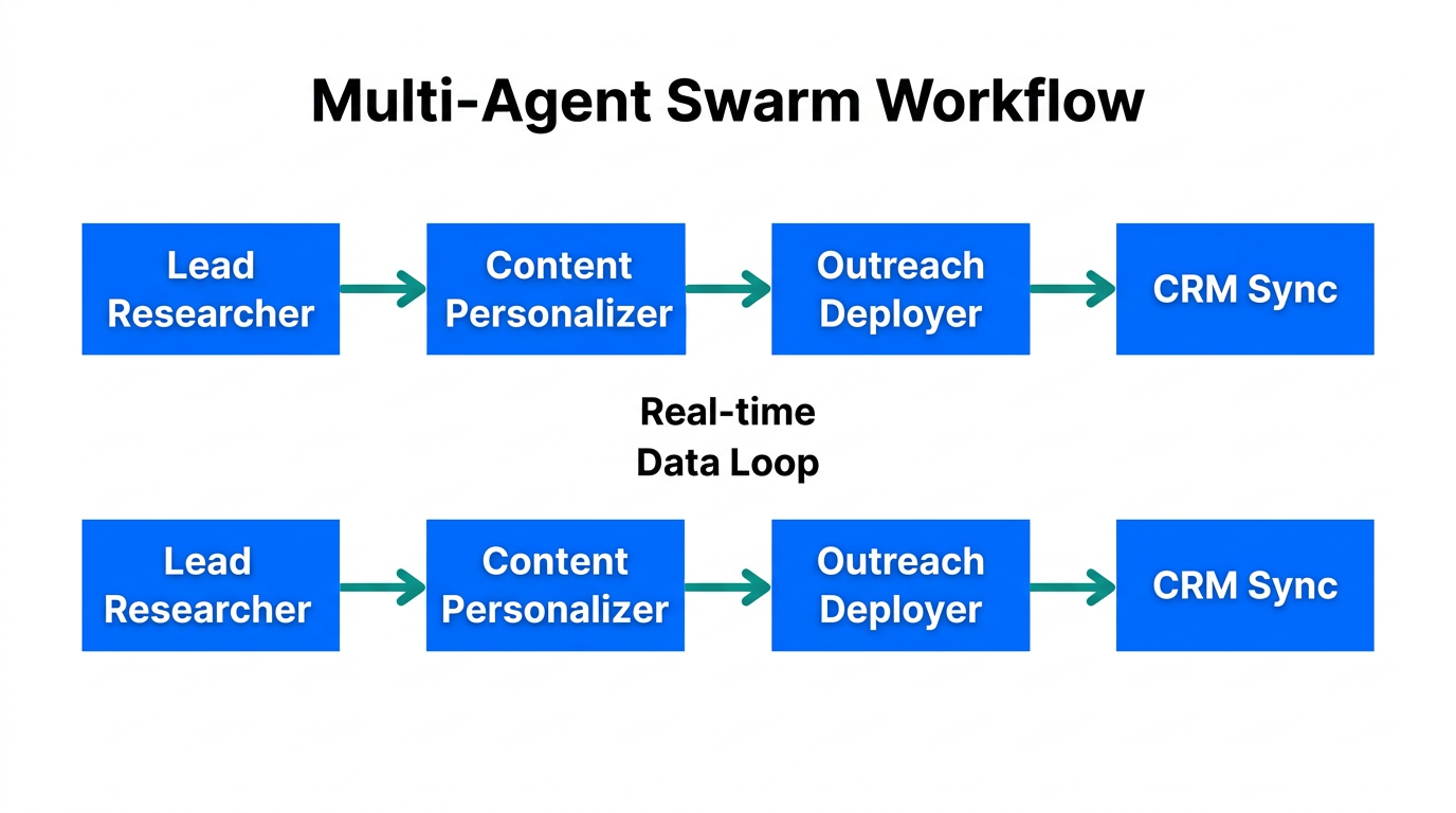 Workflow diagram of coordinated multi-agent swarms in sales.