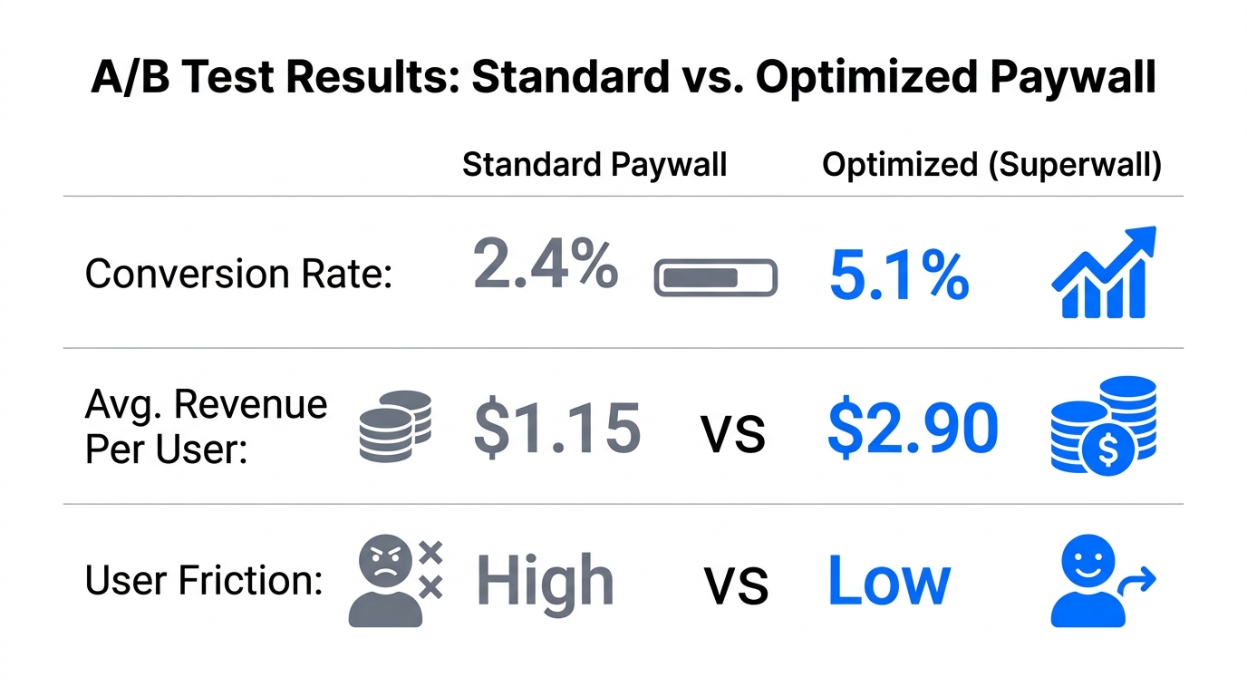 Comparative performance metrics of standard paywalls versus optimized A/B tested versions.