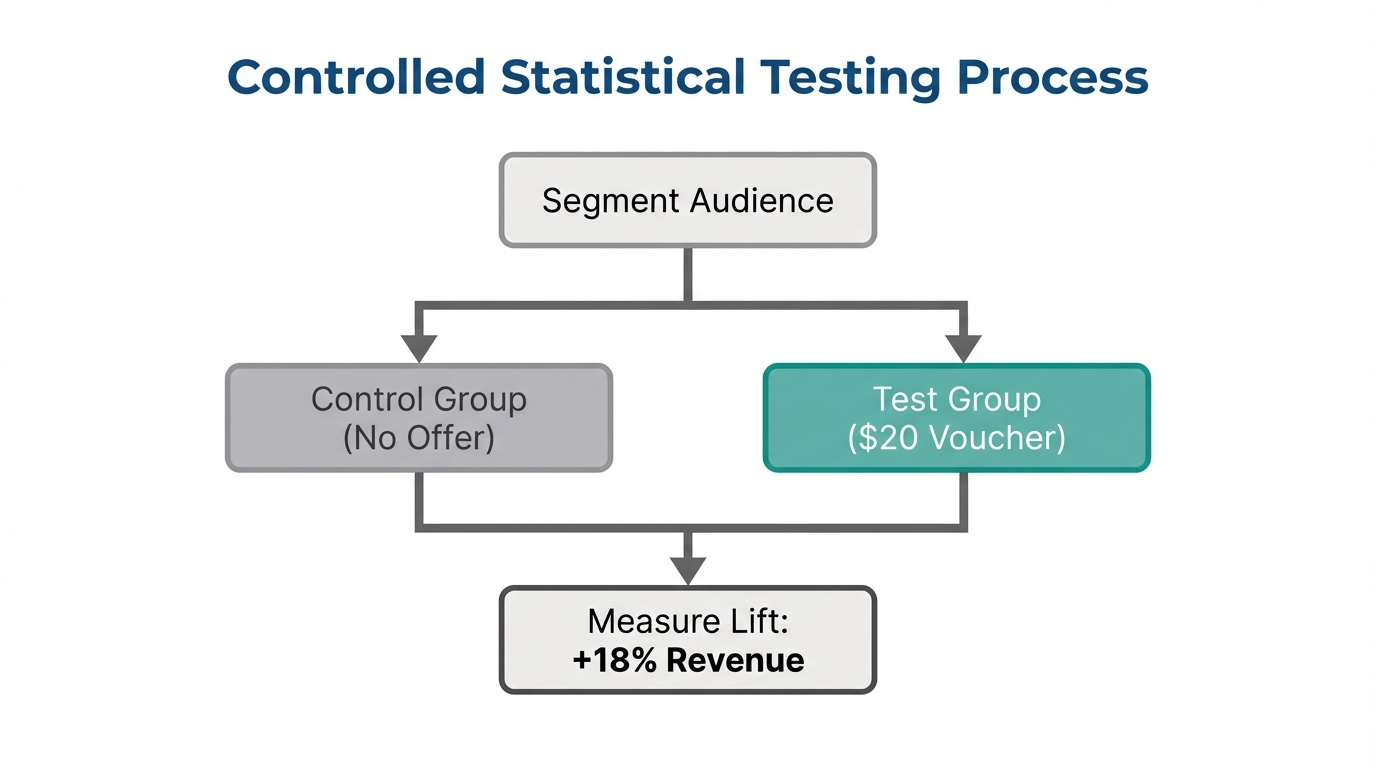Workflow for executing controlled A/B tests to measure marketing lift.