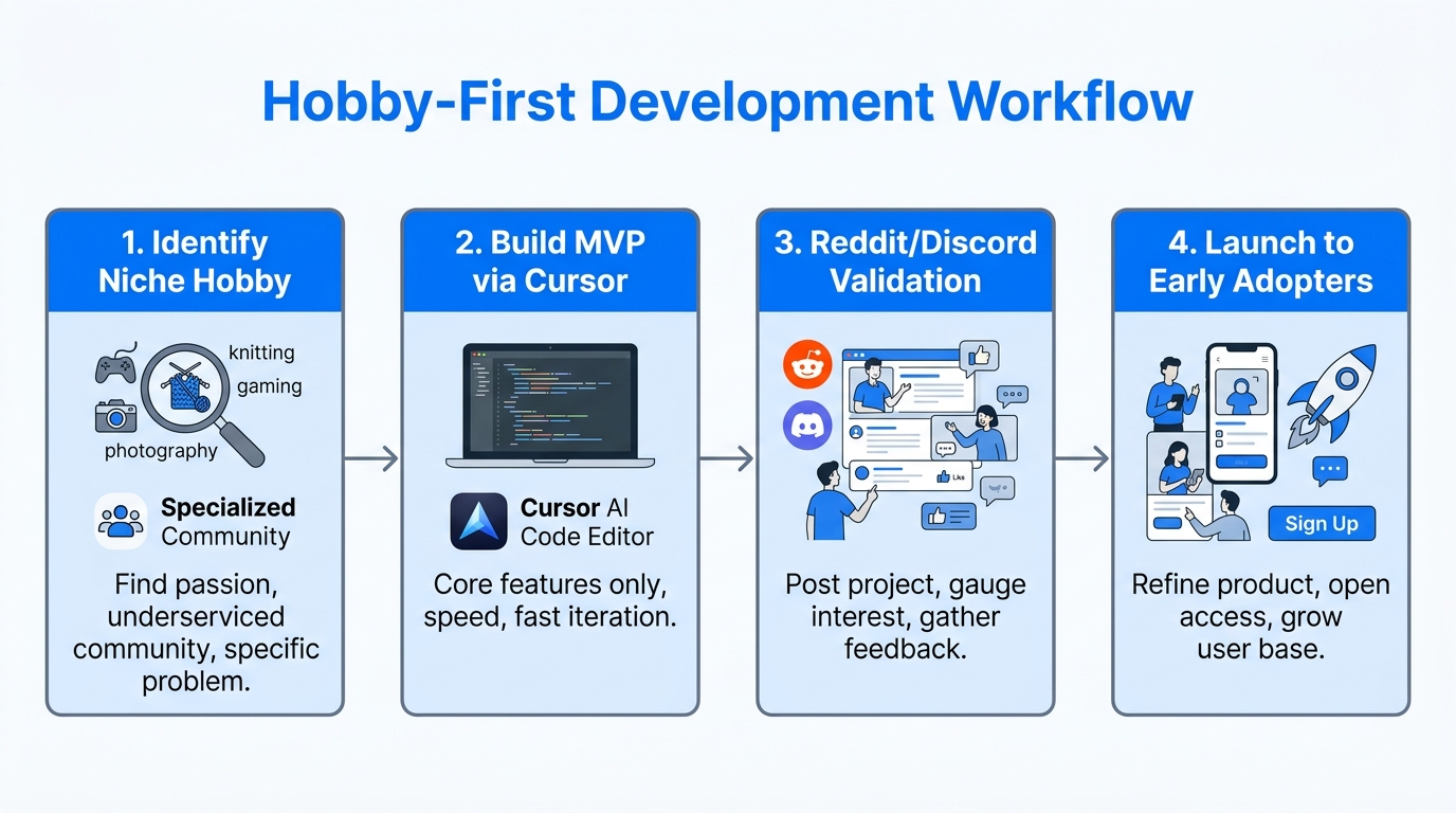 Four-step workflow for launching a niche app via hobby communities.