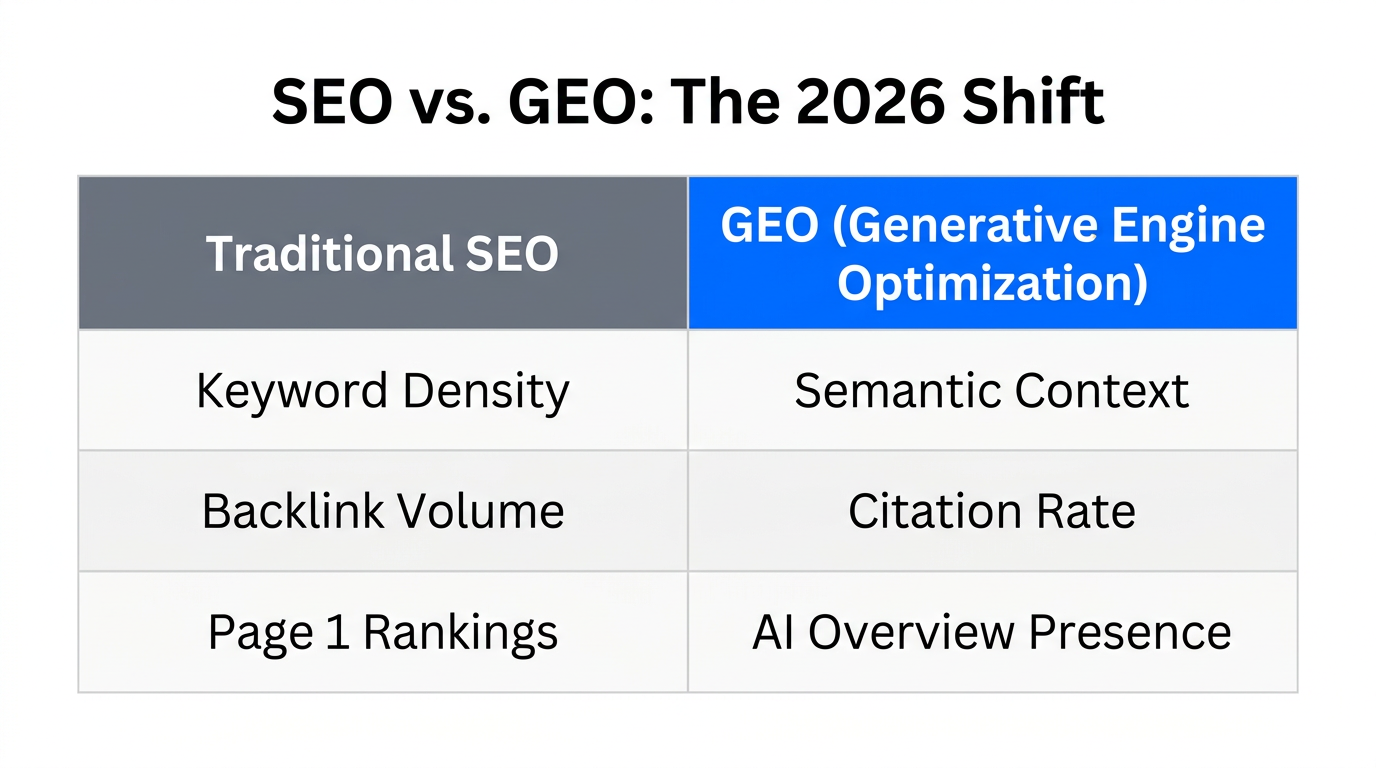 Comparison of traditional SEO metrics versus modern Generative Engine Optimization.