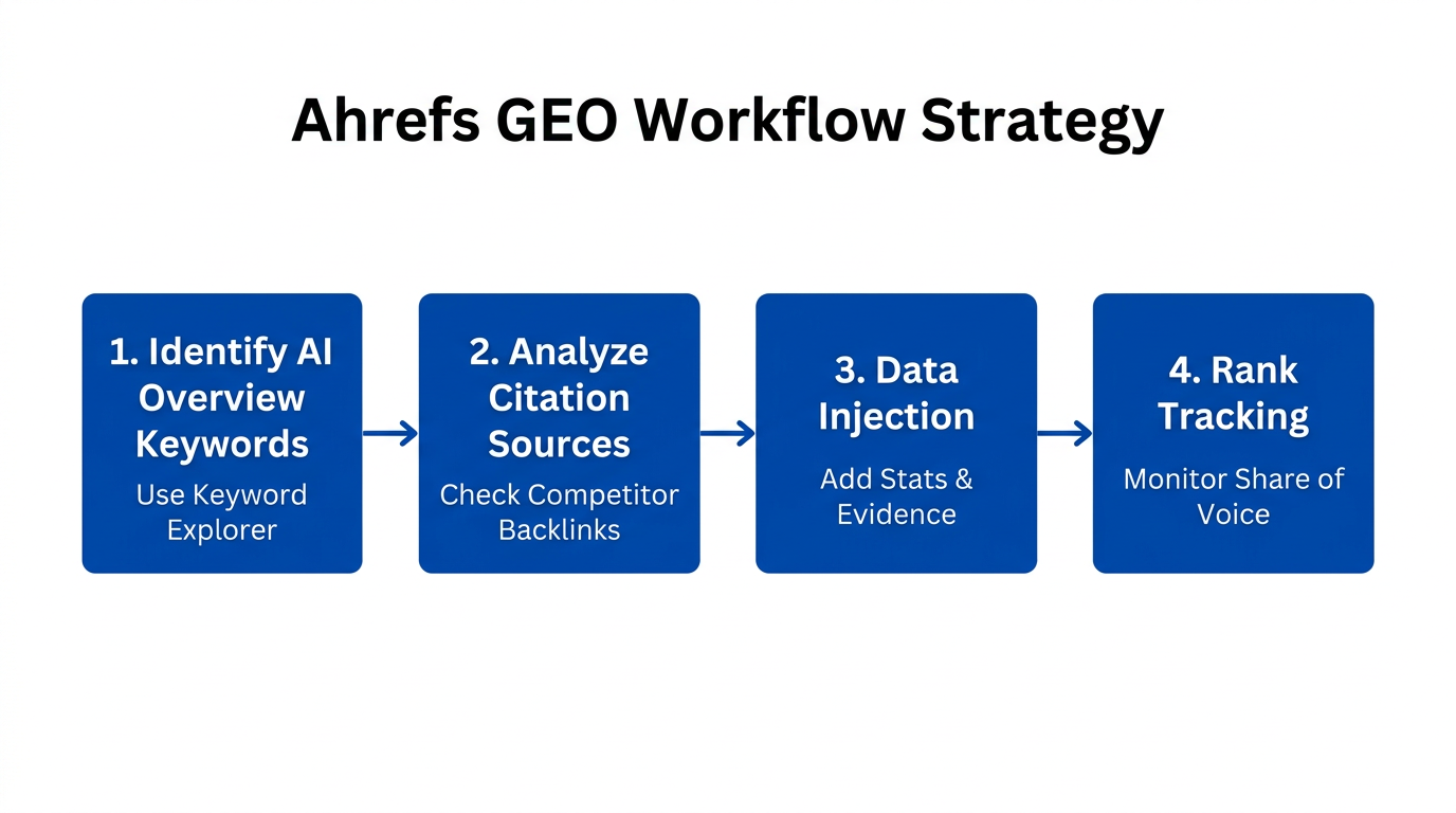 Step-by-step workflow for optimizing content for generative engines using Ahrefs.