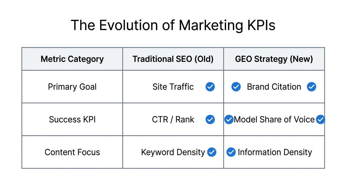 Comparison of traditional SEO metrics versus new GEO brand-recall KPIs.