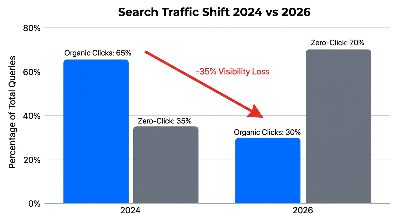 Projected search traffic shift from organic clicks to zero-click AI responses.
