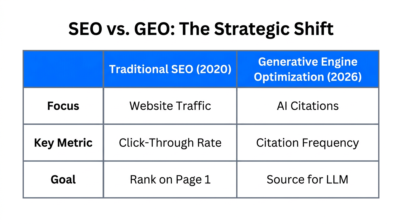 Comparison between traditional SEO metrics and 2026 GEO priorities.