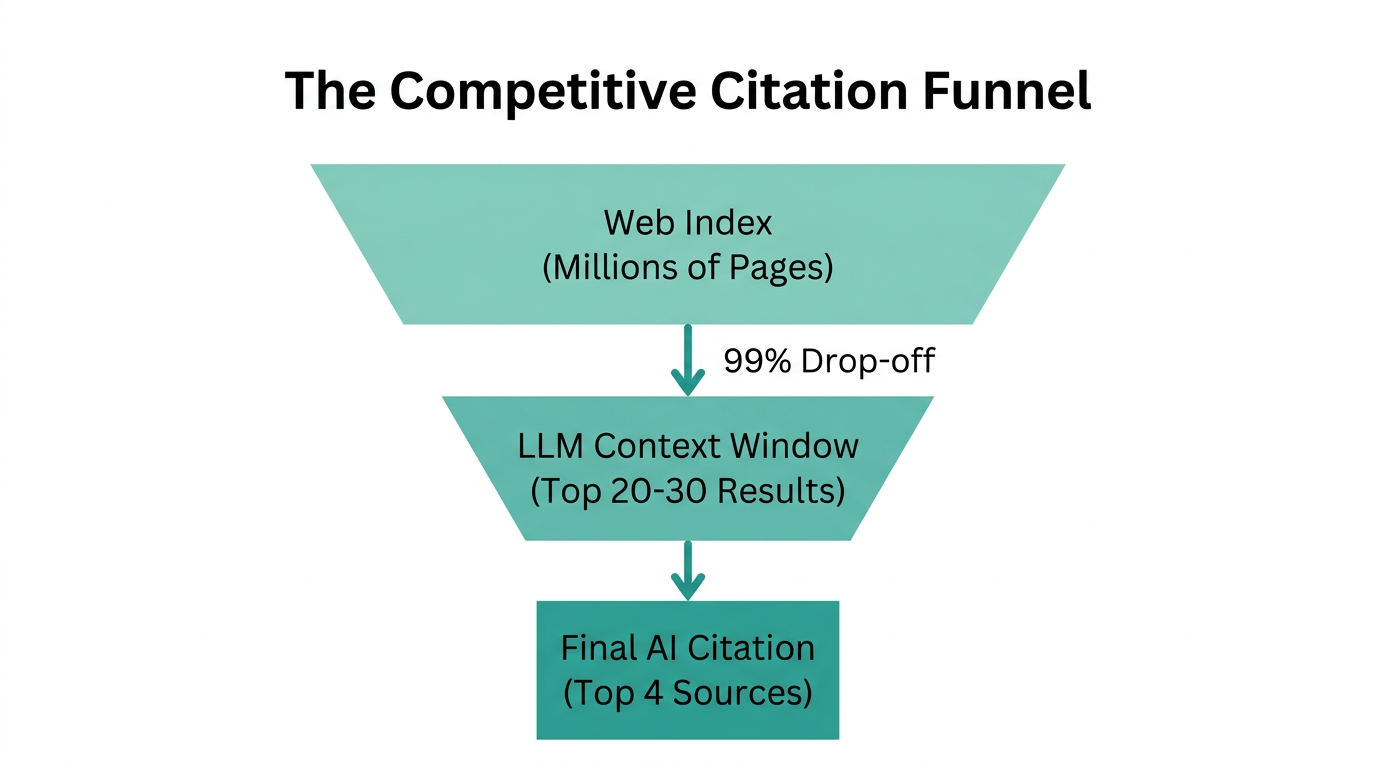 The narrowing funnel from web indexing to final AI citations.