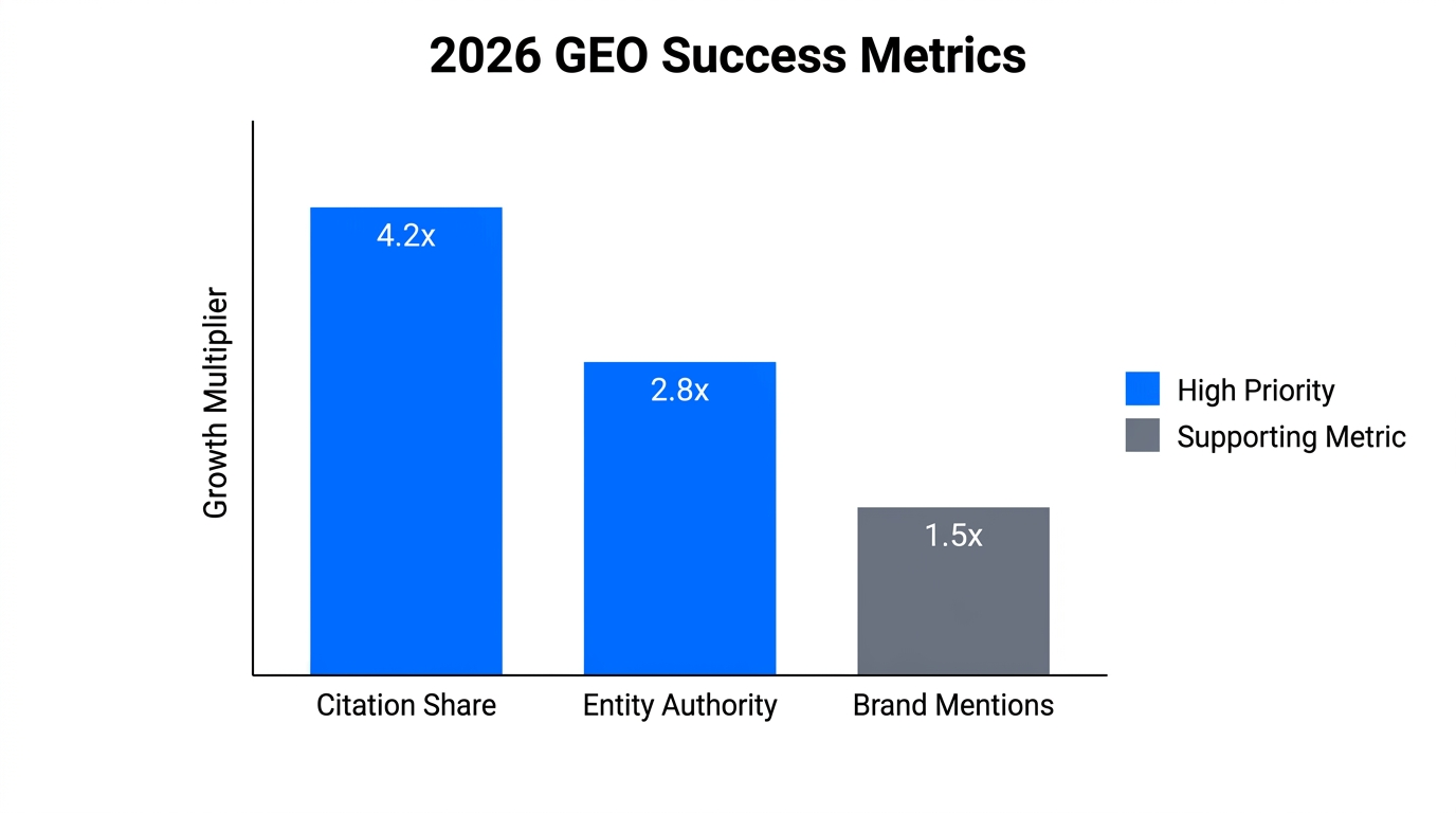 Primary KPIs for measuring Generative Engine Optimization success in 2026.