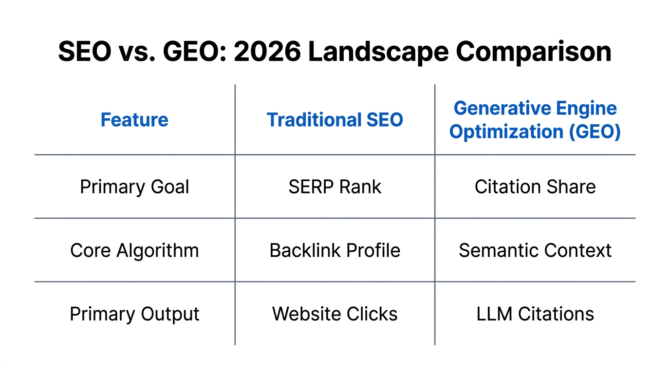 A comparison of key differences between traditional SEO and GEO.