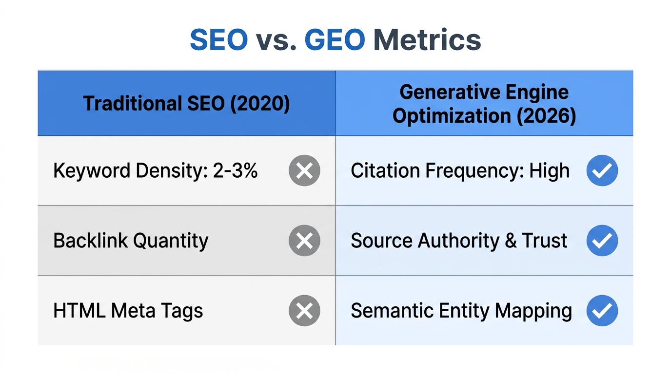 Comparison of legacy SEO metrics versus 2026 GEO citation strategies.