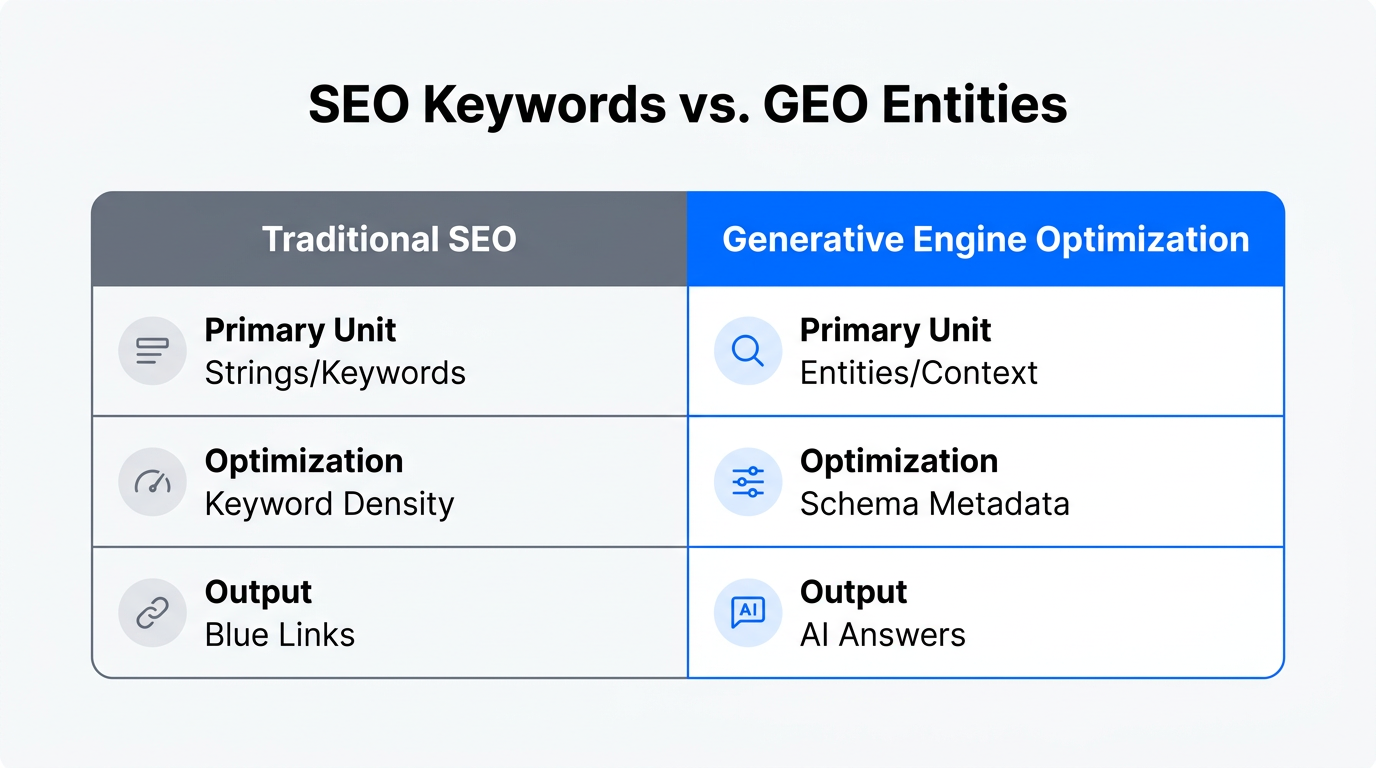Key differences between traditional keyword SEO and modern entity-based GEO.
