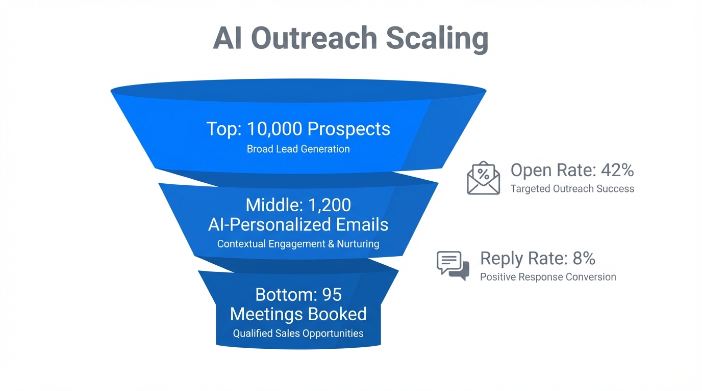 Conversion funnel showing the scale of AI-powered outreach.