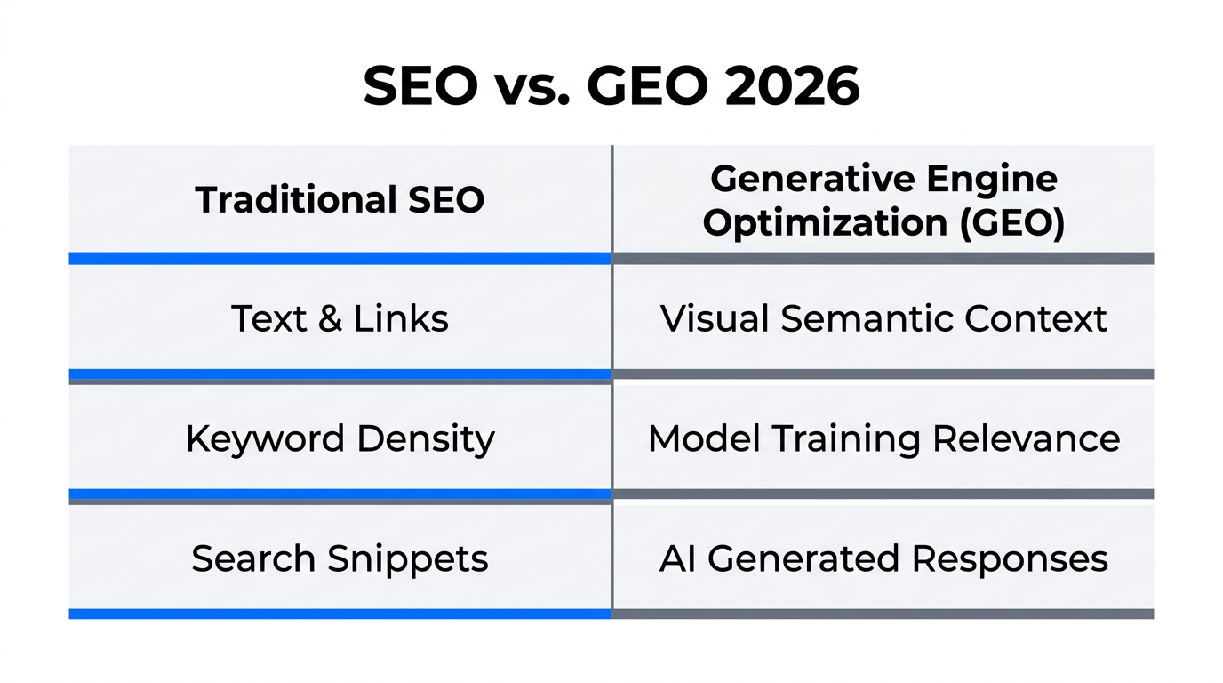 A comparison of traditional SEO factors versus AI-driven GEO requirements.