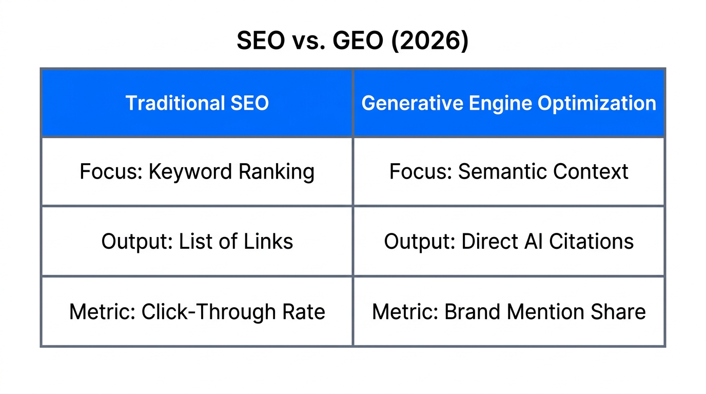 Comparison of traditional search optimization versus generative engine optimization.