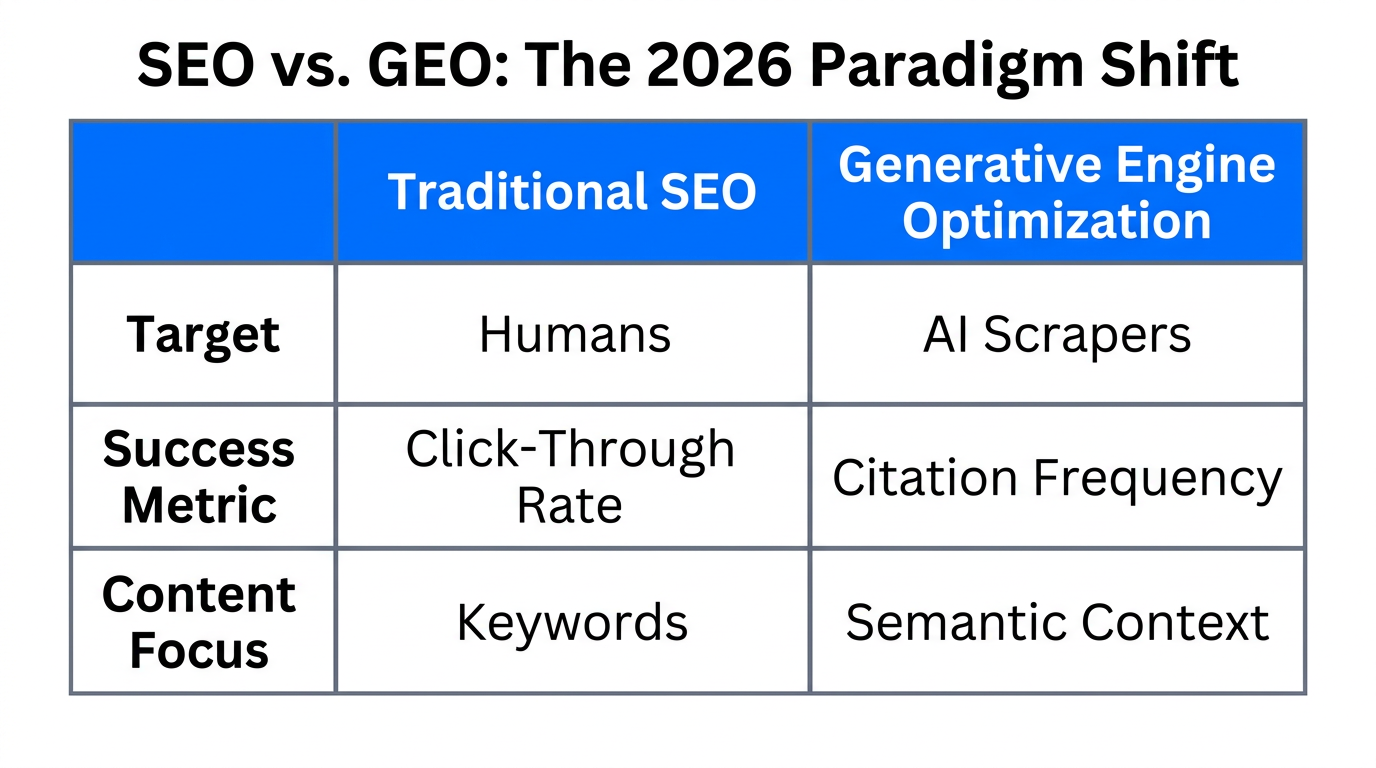 Comparison of traditional SEO metrics versus 2026 GEO requirements.
