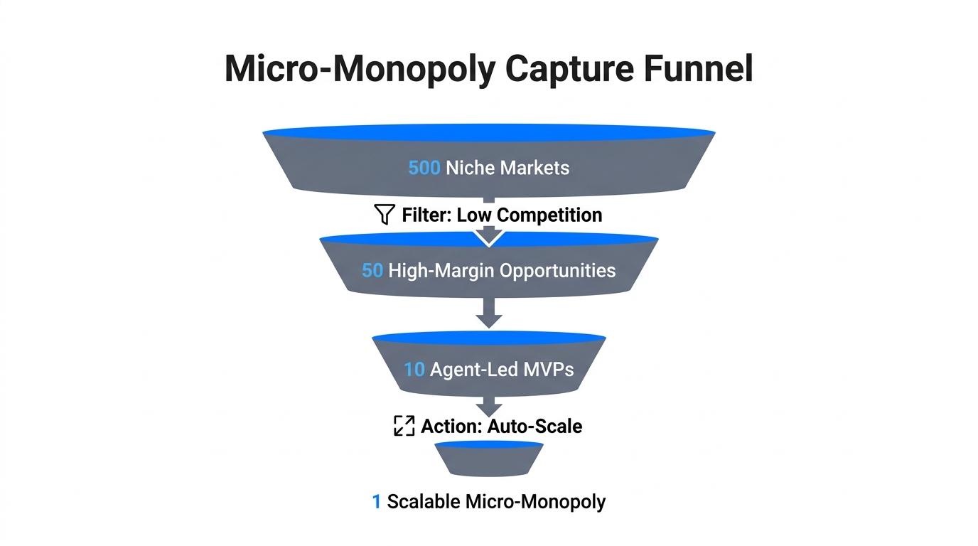 Process for using AI agents to identify and dominate niche markets.