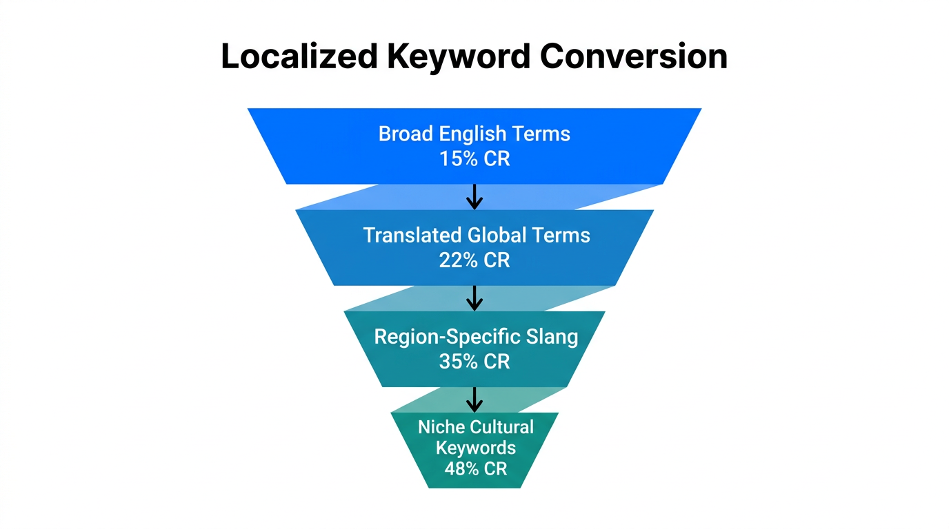 Conversion funnel showing how localized niche keywords improve ROI.