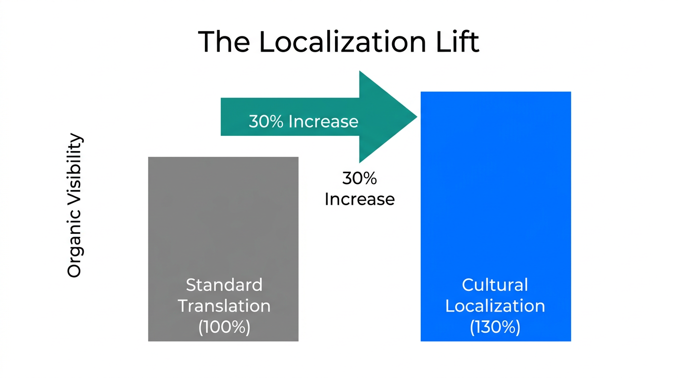 Comparison of organic visibility between standard translation and cultural localization.