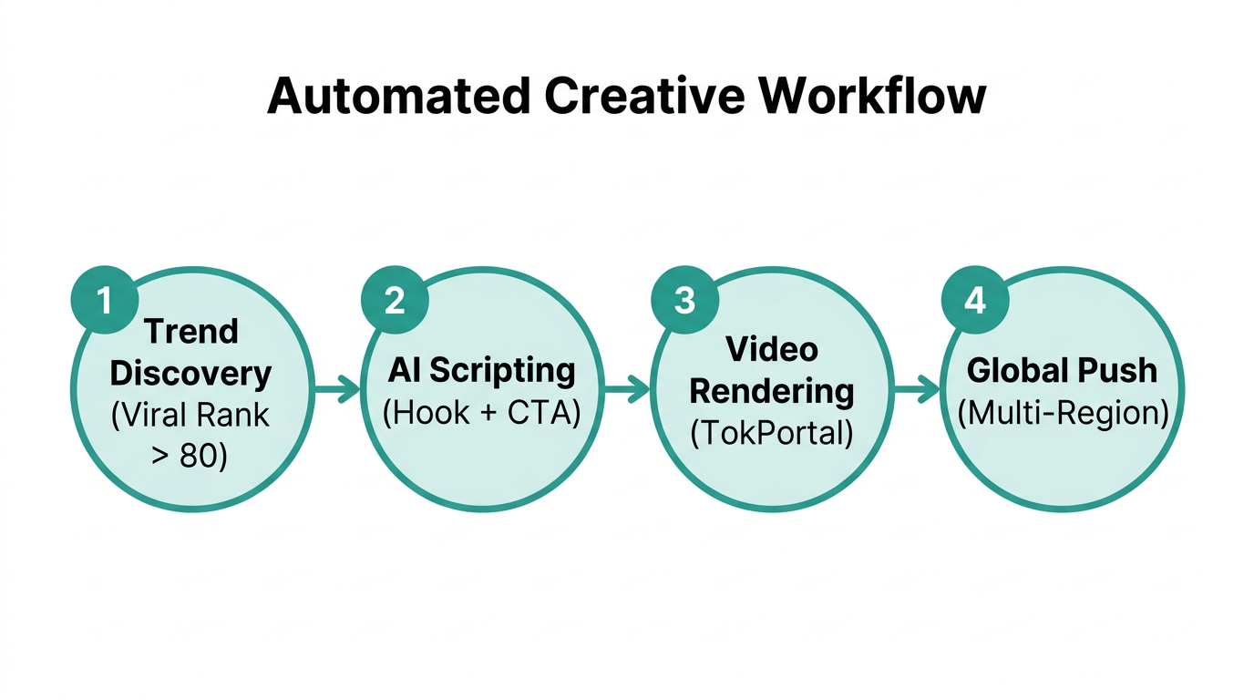 The four-stage automated pipeline from trend discovery to global deployment.
