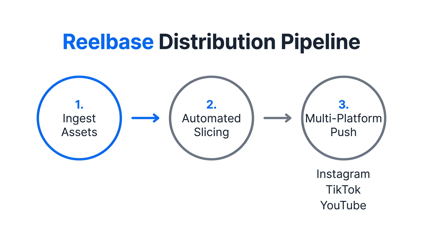 Reelbase automation stages from asset ingestion to multi-platform distribution.