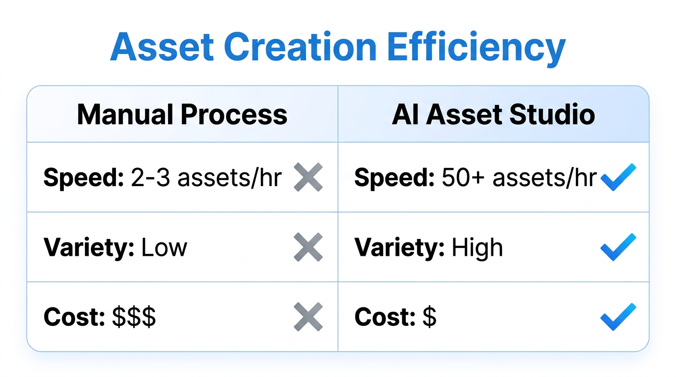 Efficiency gains when using AI Asset Studio versus manual creation.