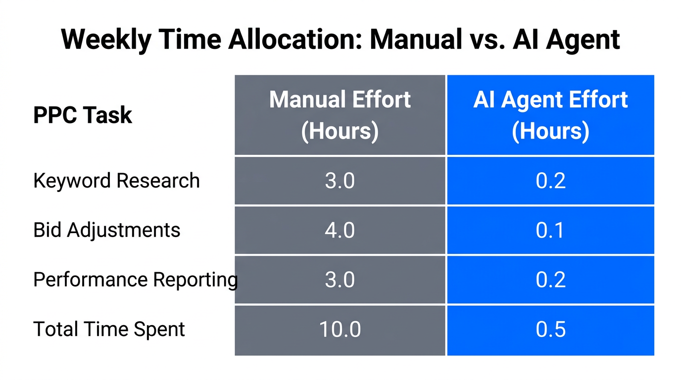 Weekly time savings comparison between manual PPC and AI agent management.