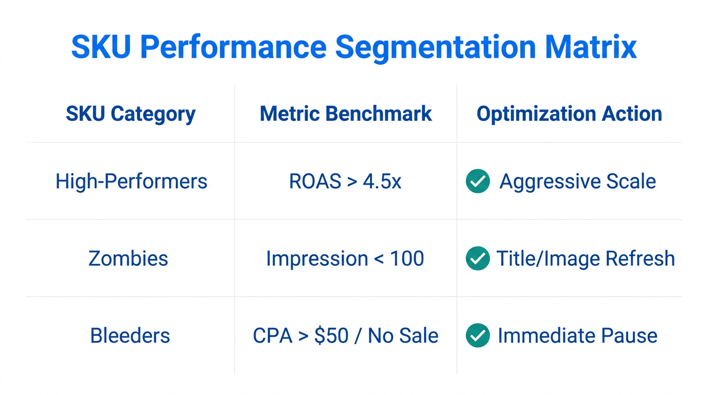 A strategic matrix for segmenting ecommerce SKUs by performance metrics.