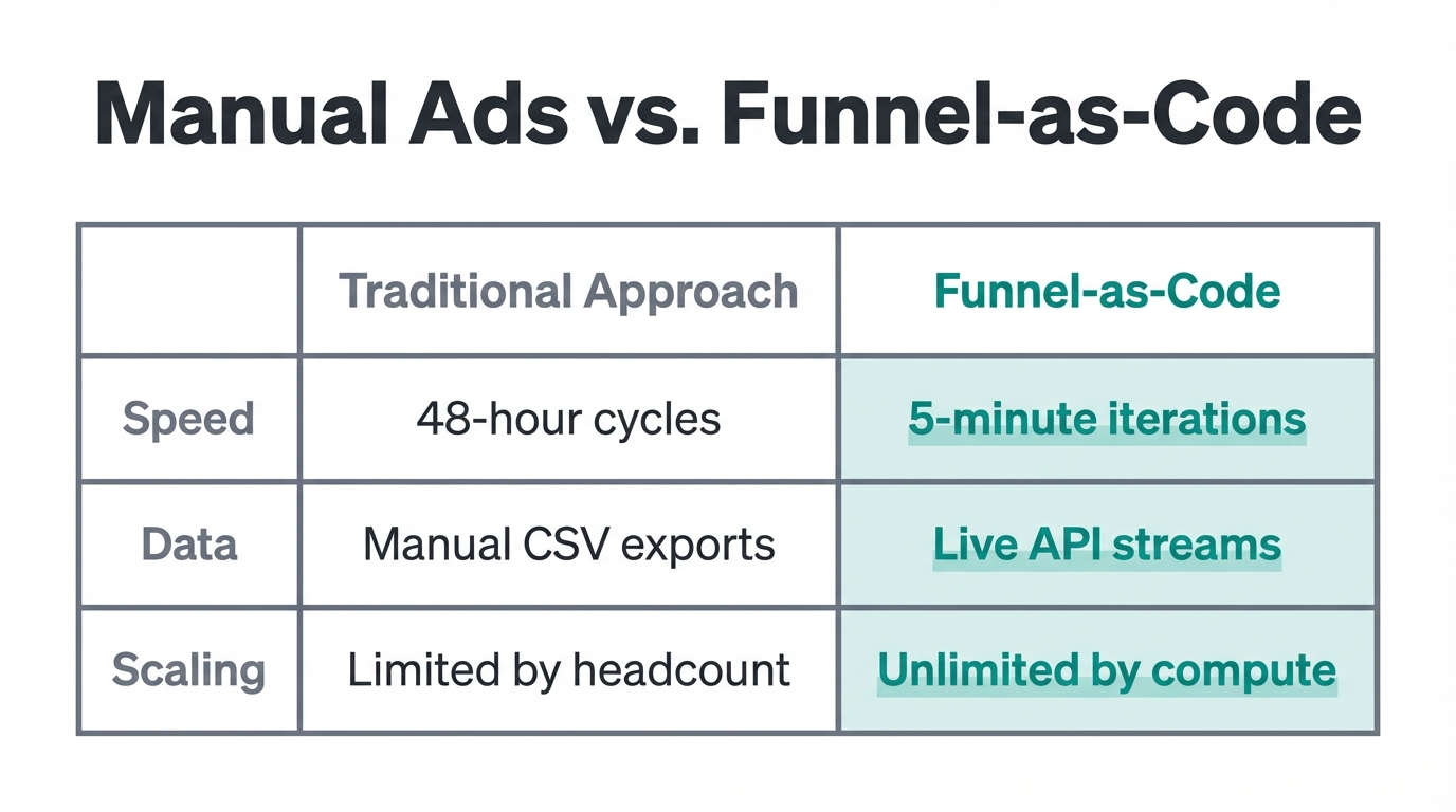 Efficiency gains of Funnel-as-Code compared to traditional ad management.